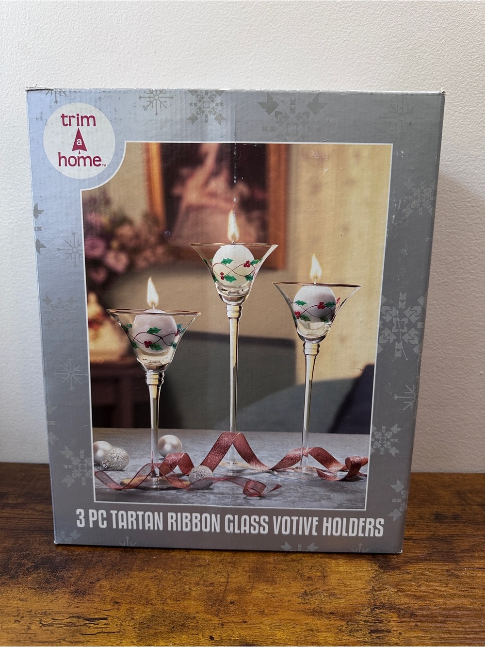 Trim A Home Christmas Glass Votive Candle Holders Tartan Ribbon Holly Set of 3